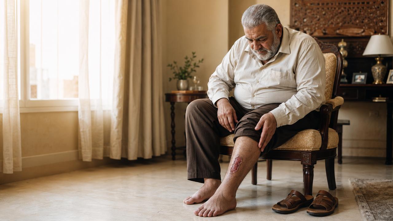 Illustrative image of an older man examining a wound on his leg