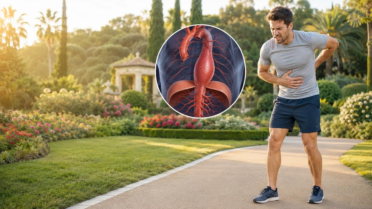 Illustrative image of a man with abdominal pain and an aorta diagram