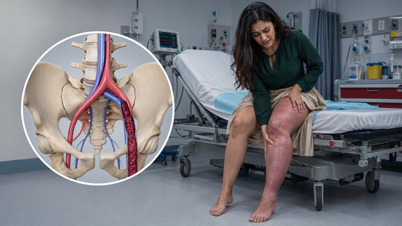 Illustrative image of leg swelling with a deep vein thrombosis diagram