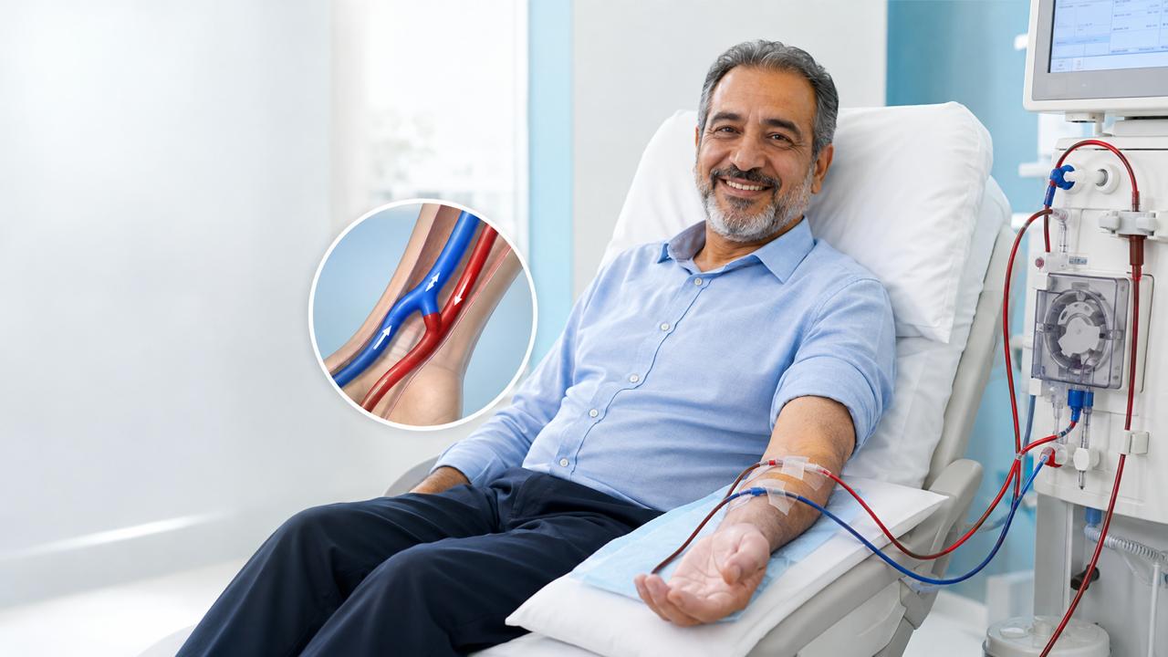 Illustrative image of a patient receiving dialysis with an arteriovenous fistula diagram
